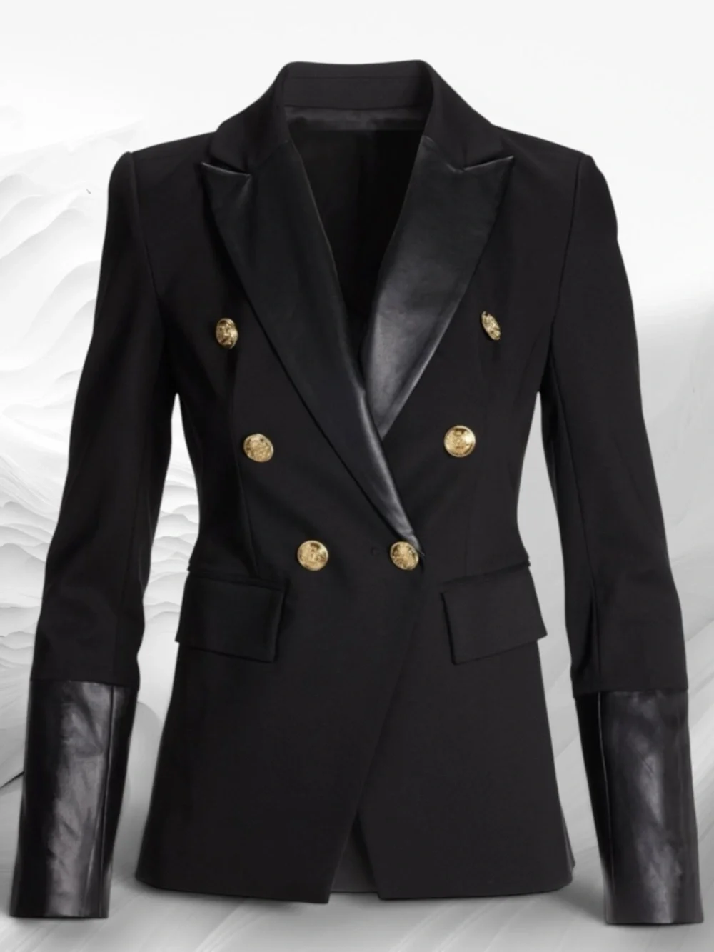 Boston Proper Black Leather Detailed Modern Double-Breasted Blazer Size 10